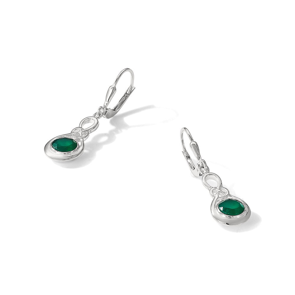 Sterling Silver Polished Green Onyx Knot Leverback Dangle Earrings
