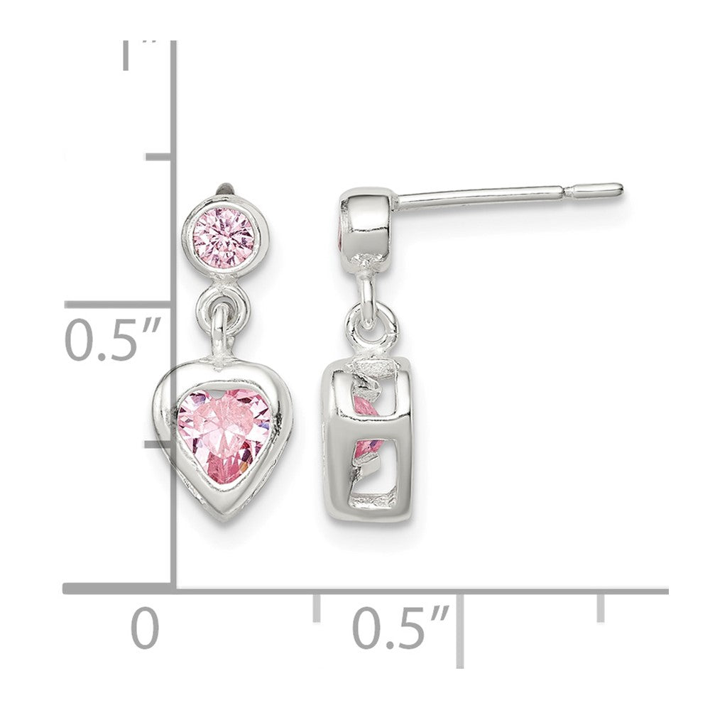 Sterling Silver Polished Pink Heart CZ Post Dangle Earrings