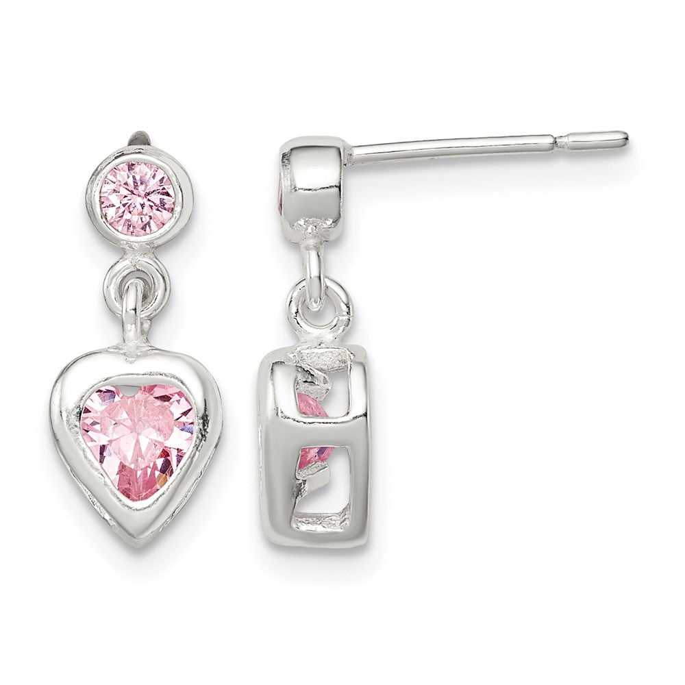 Sterling Silver Polished Pink Heart CZ Post Dangle Earrings