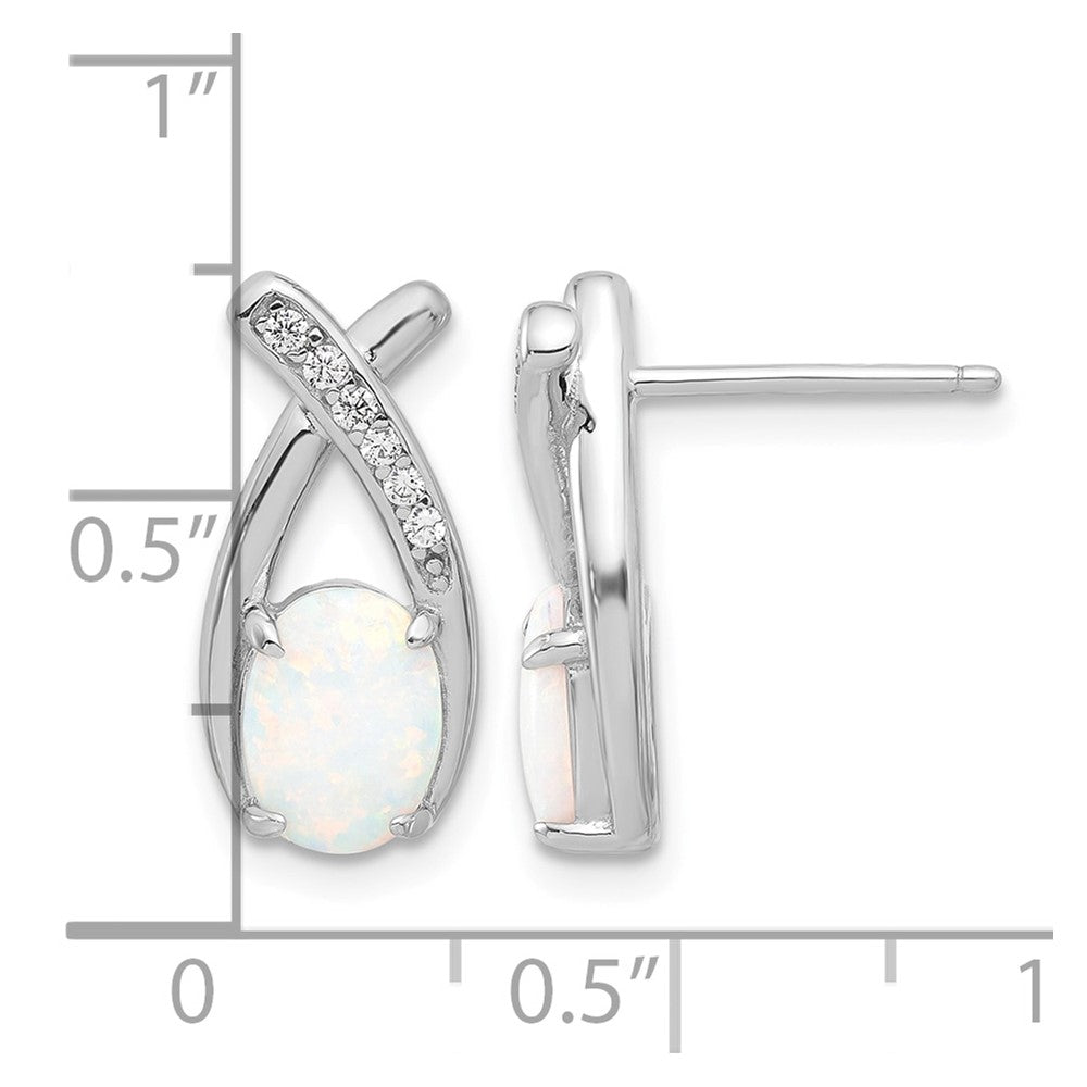Sterling Silver Rhodium-plated Polished CZ & Created Opal 'X' Post Earrings