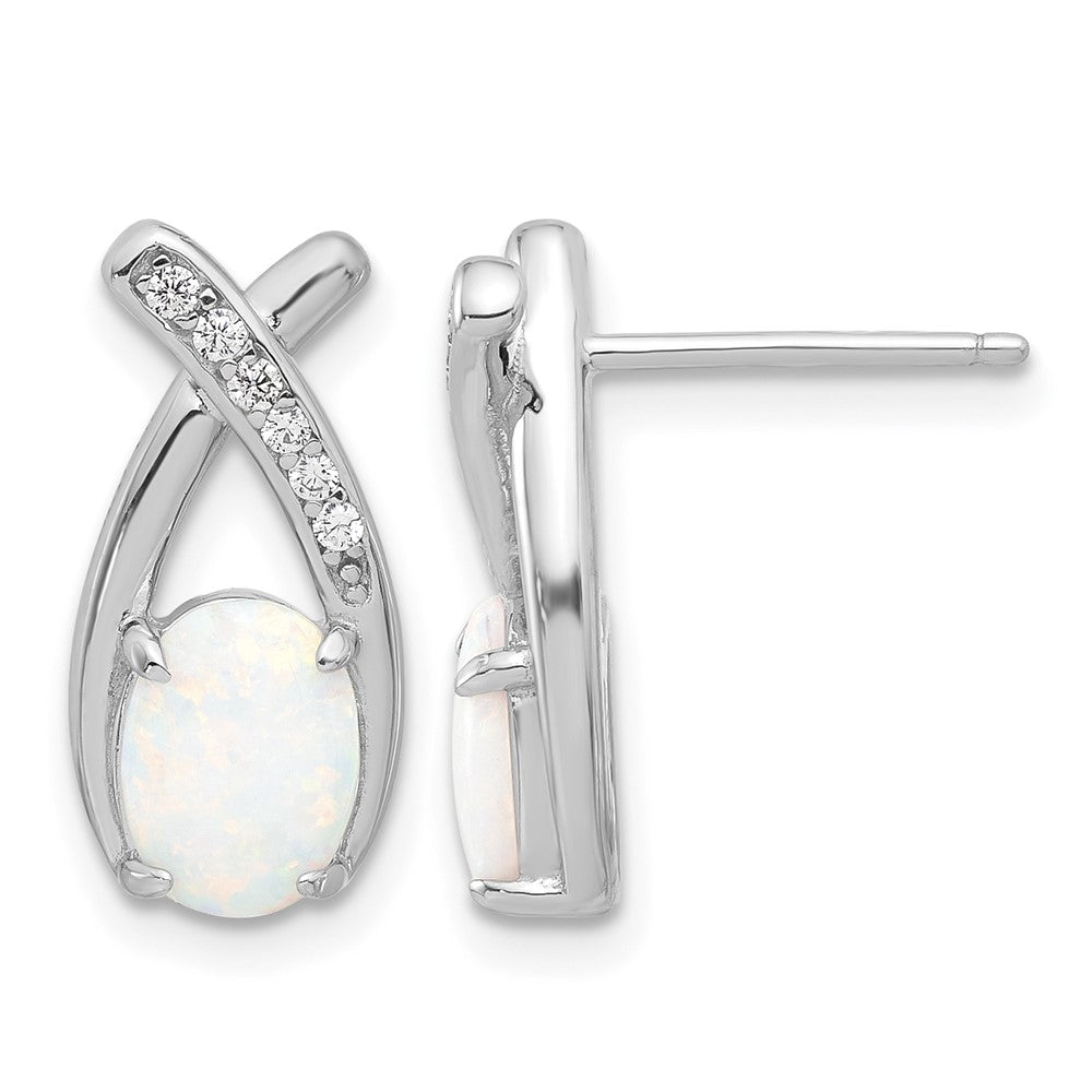Sterling Silver Rhodium-plated Polished CZ & Created Opal 'X' Post Earrings