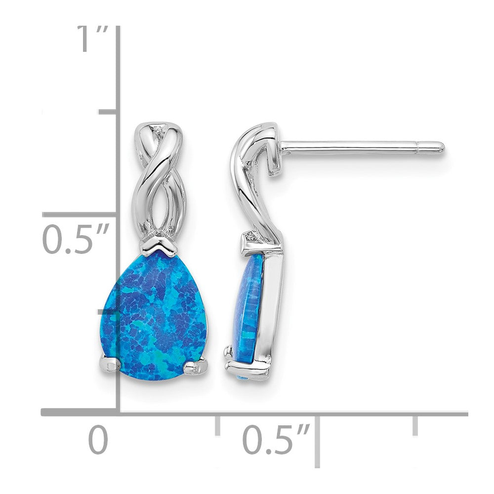 Sterling Silver RH-plated Polished Blue Created Opal Teardrop Post Earrings