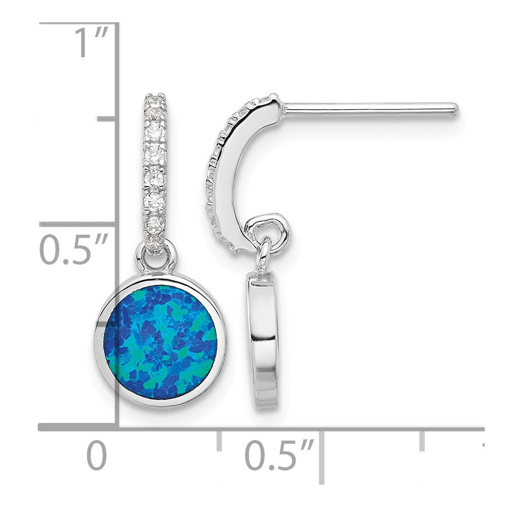 Sterling Silver RH-plated Polished CZ & Blue Cr. Opal Post Dangle Earrings