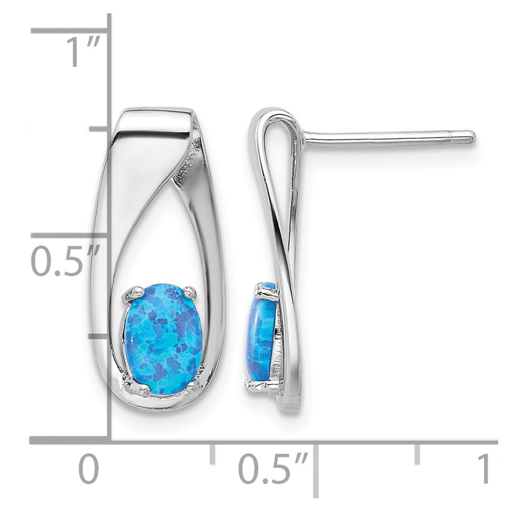 Sterling Silver Rhod-plated Polished Blue Created Opal Oval Post Earrings