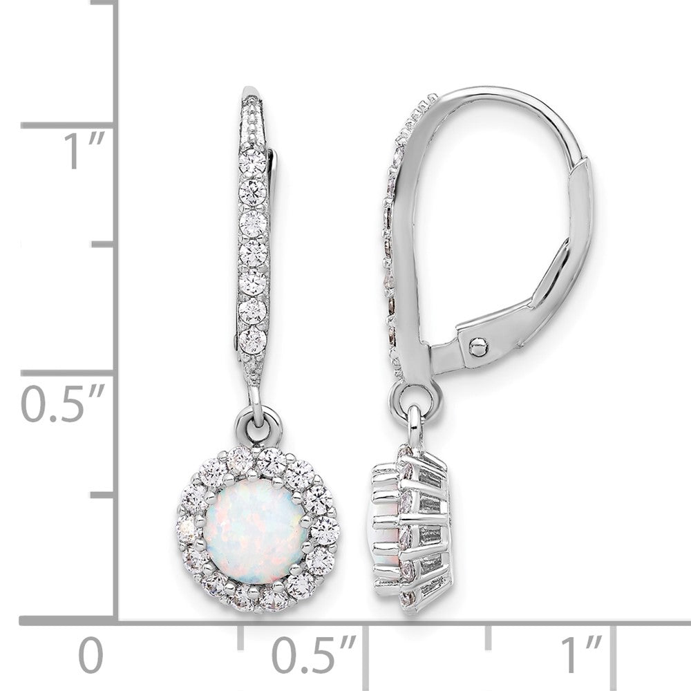 Sterling Silver RH-plated CZ & Cr. Opal Halo Dangle Leverback Earrings