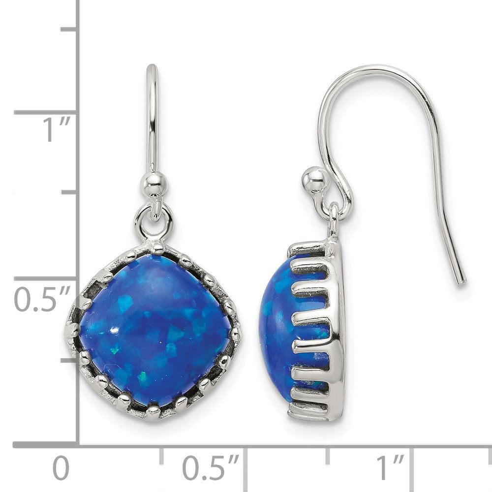 Sterling Silver Polished Blue Cabochon Opal Cushion Dangle Earrings
