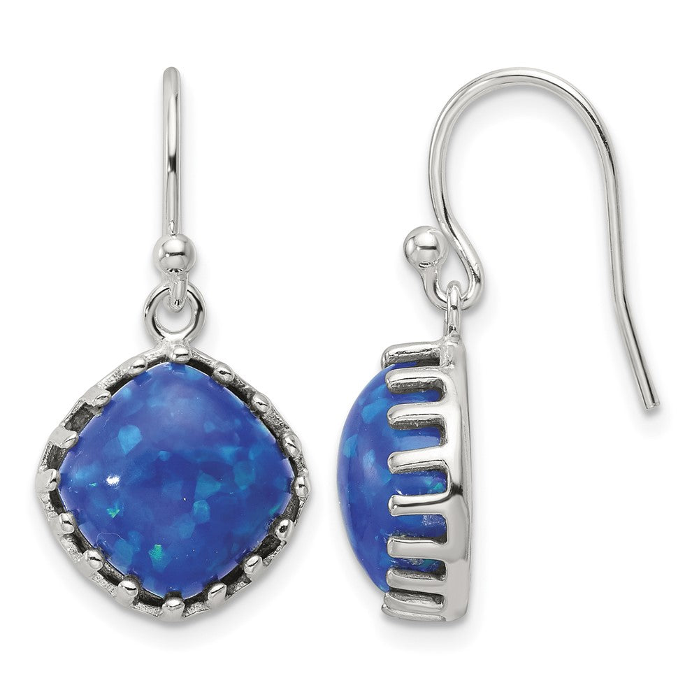 Sterling Silver Polished Blue Cabochon Opal Cushion Dangle Earrings
