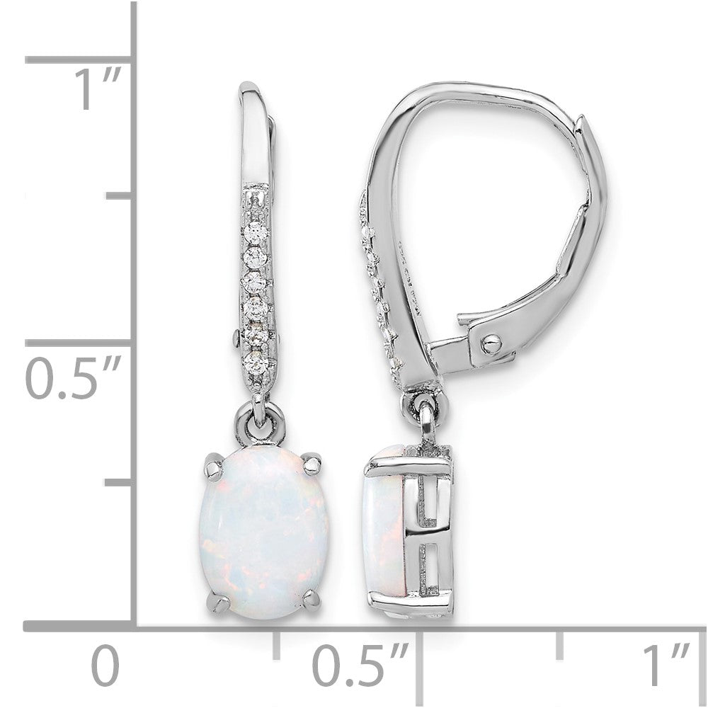 Sterling Silver RH-plated CZ & Oval Cr. Opal Leverback Dangle Earrings