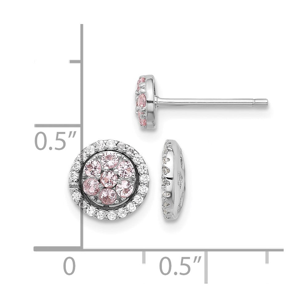 Sterling Silver RH-pltd Pink Crystal Cluster w/ CZ Halo Jacket Post Earring