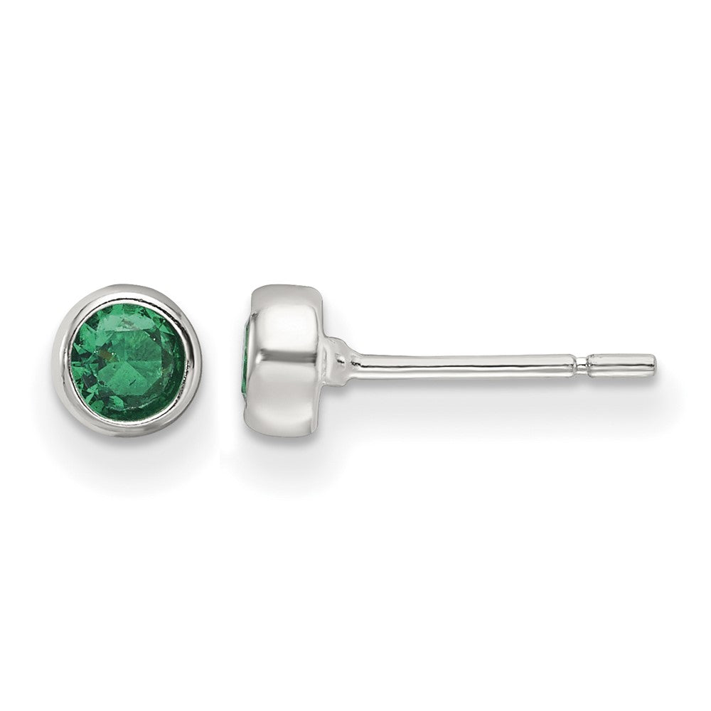 Sterling Silver Polished Green Glass Round Bezel Stud Earrings