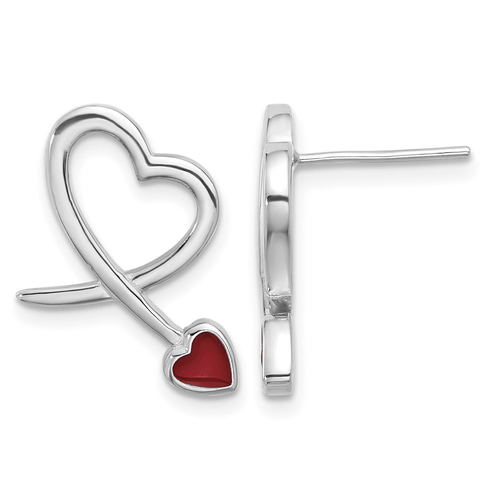Sterling Silver Rhodium-plated Polished Red Resin Open Heart Post Earrings