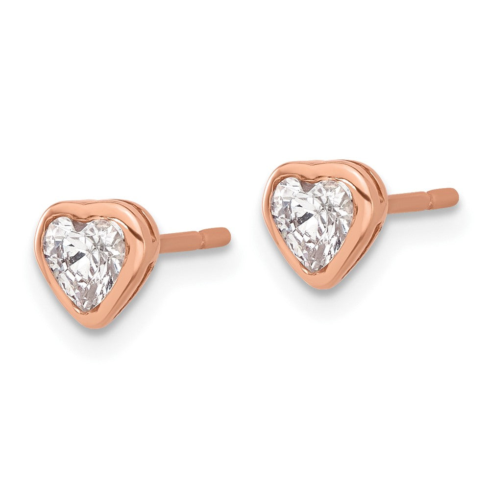 Sterling Silver Rose-tone CZ Bezel Heart Post Earrings