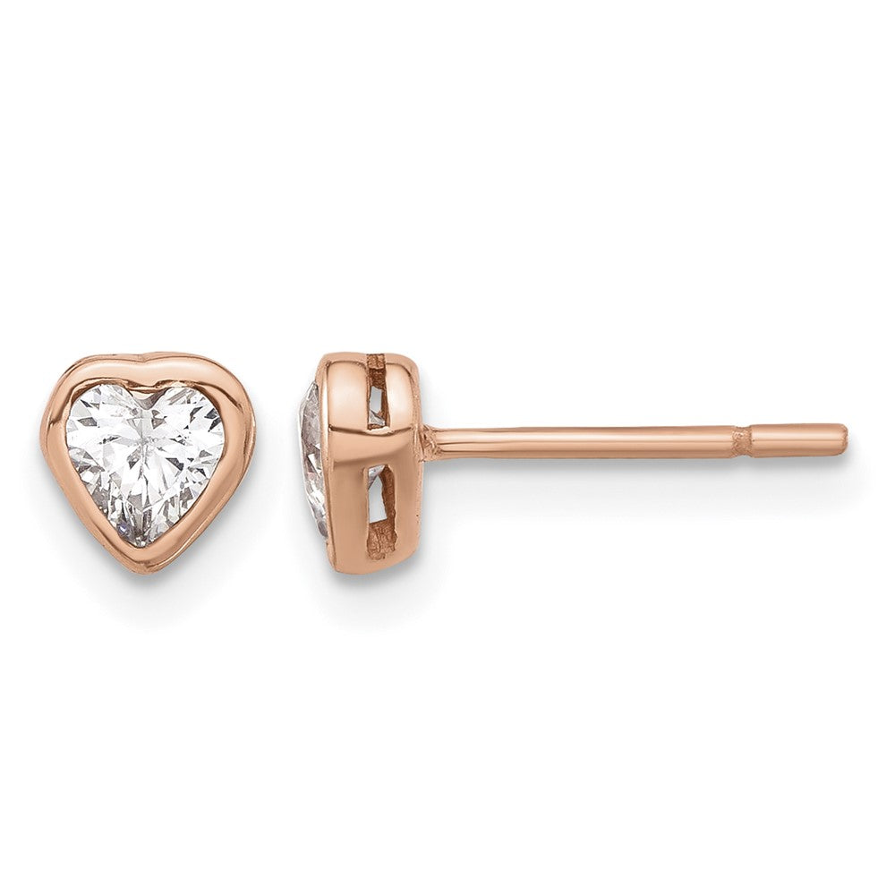Sterling Silver Rose-tone CZ Bezel Heart Post Earrings