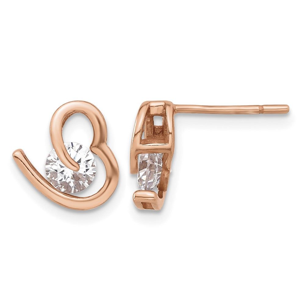Sterling Silver Rose-tone Heart and CZ Post Earrings