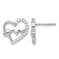 Sterling Silver Rhodium-plated Polished CZ Heartbeat Heart Post Earrings