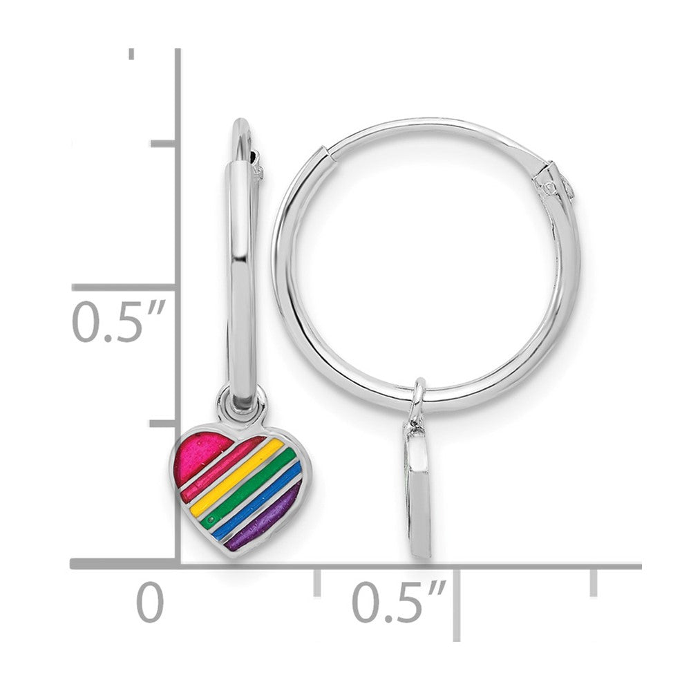 Sterling Silver Rh-plt Enamel Rainbow Heart Dangle Eternity Hoop Earrings