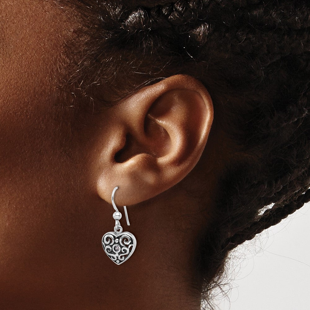 SS Rhodium-plated Antiqued Pink CZ Filigree Heart Dangle Earrings