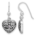 SS Rhodium-plated Antiqued Pink CZ Filigree Heart Dangle Earrings