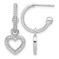 Sterling Silver Rhod-plated Polished CZ Dangle Heart Hoop Post Earrings