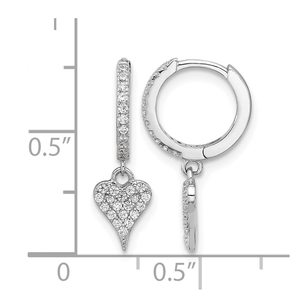Sterling Silver Rhodium-plated CZ Heart Dangle Hinged Hoop Earrings