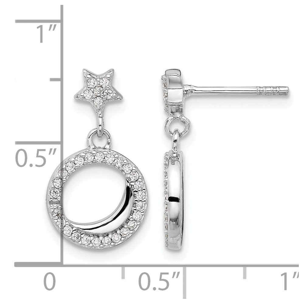 Sterling Silver Rhodium-plated Polished CZ Star Moon Dangle Post Earrings
