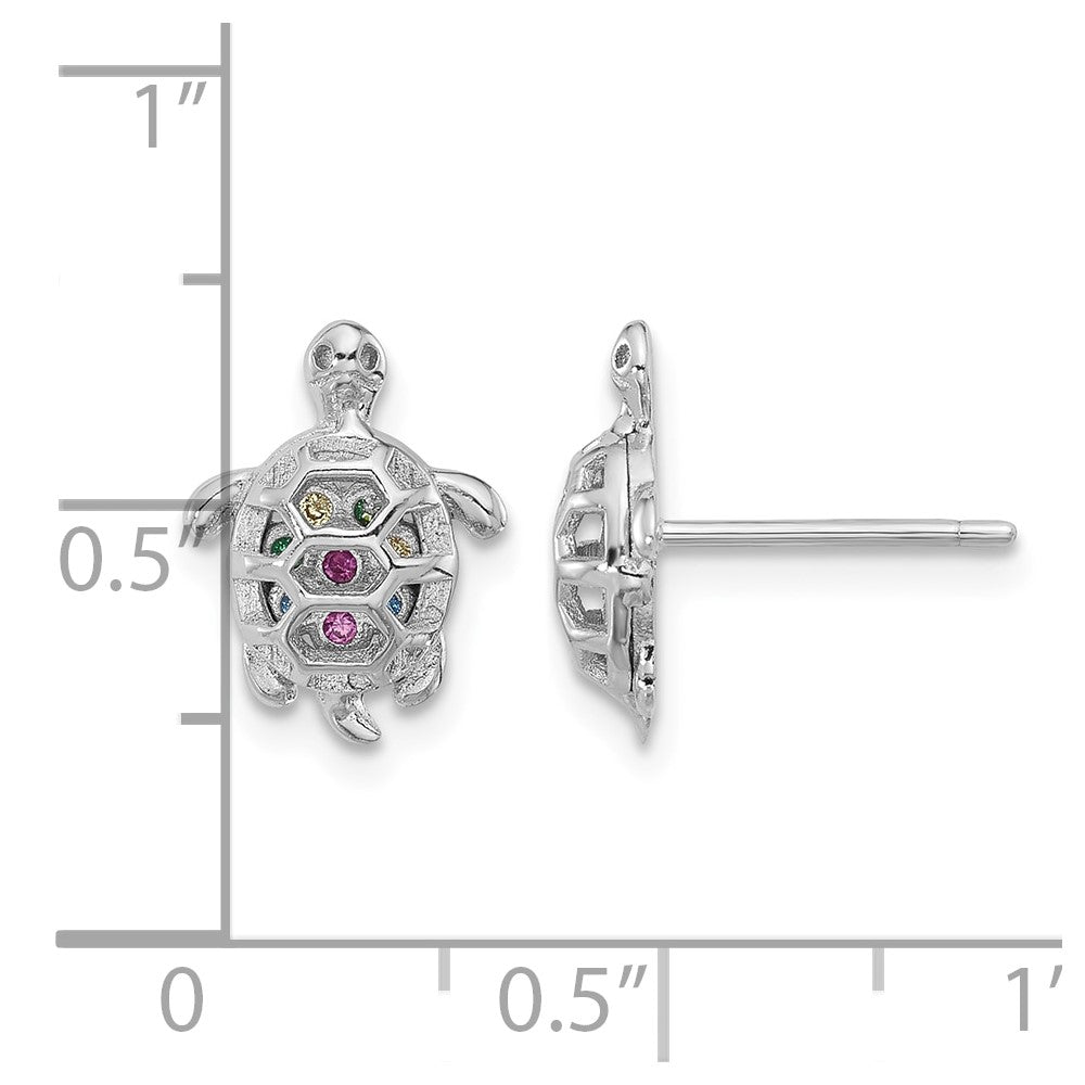 Sterling Silver Rhodium-plated Multi-color CZ Turtle Post Earrings