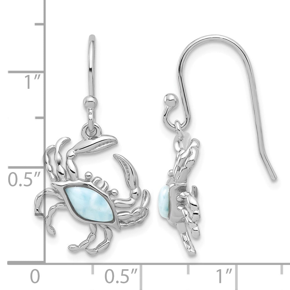 Sterling Silver Rhodium-plated Larimar Crab Dangle Shepherd Hook Earrings