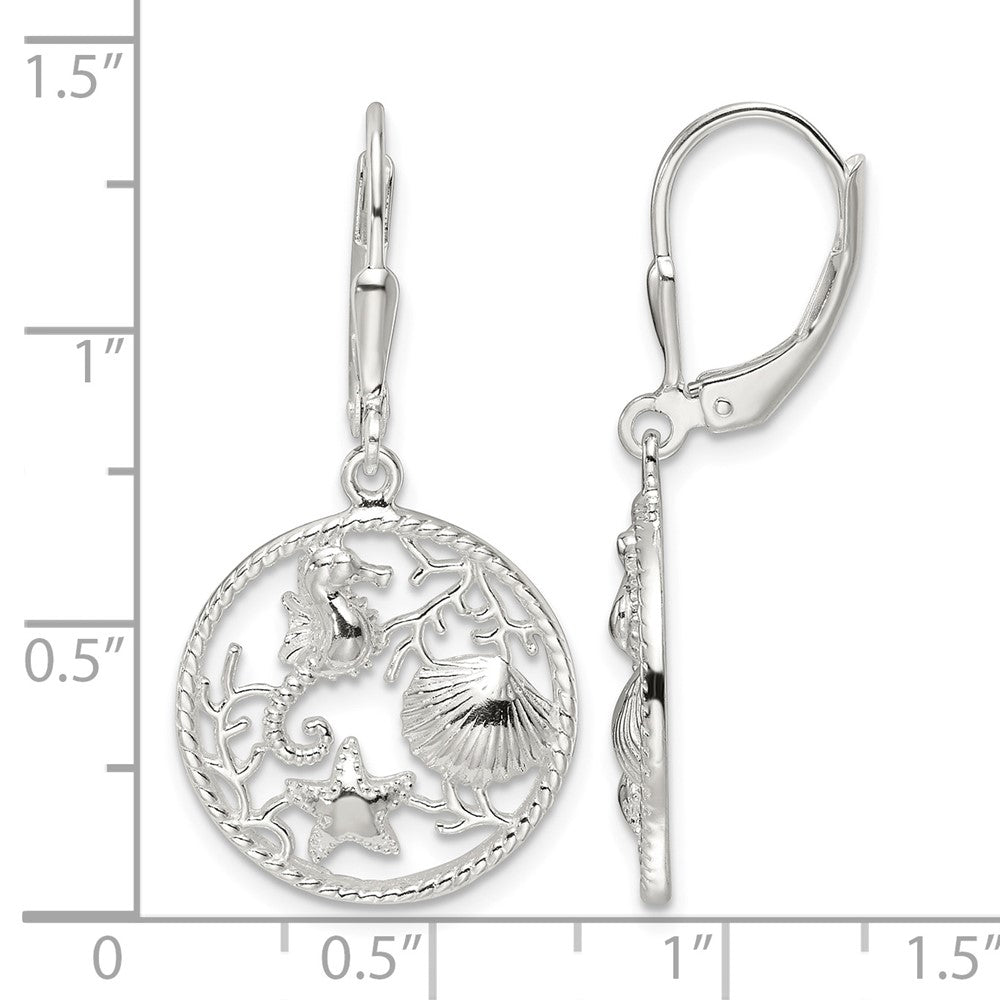 Sterling Silver Polished Sea Life Circle Dangle Leverback Earrings