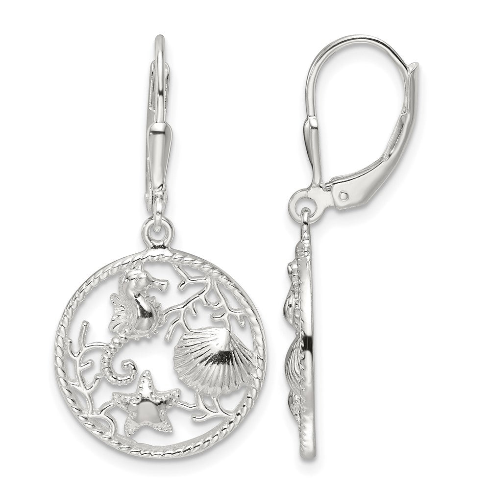 Sterling Silver Polished Sea Life Circle Dangle Leverback Earrings