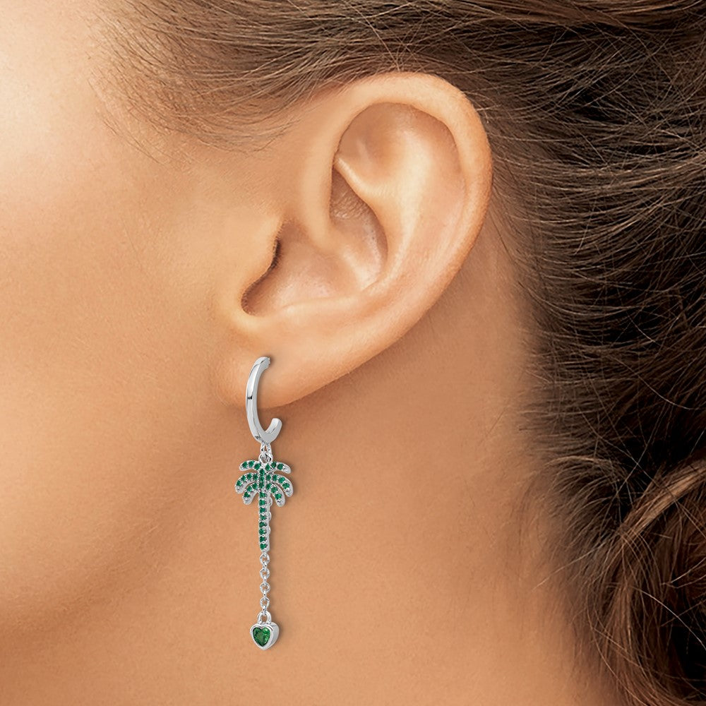 Pure Fire Sterling Silver Rhod-plated Green CZ Palm Tree Heart Post Hoop E