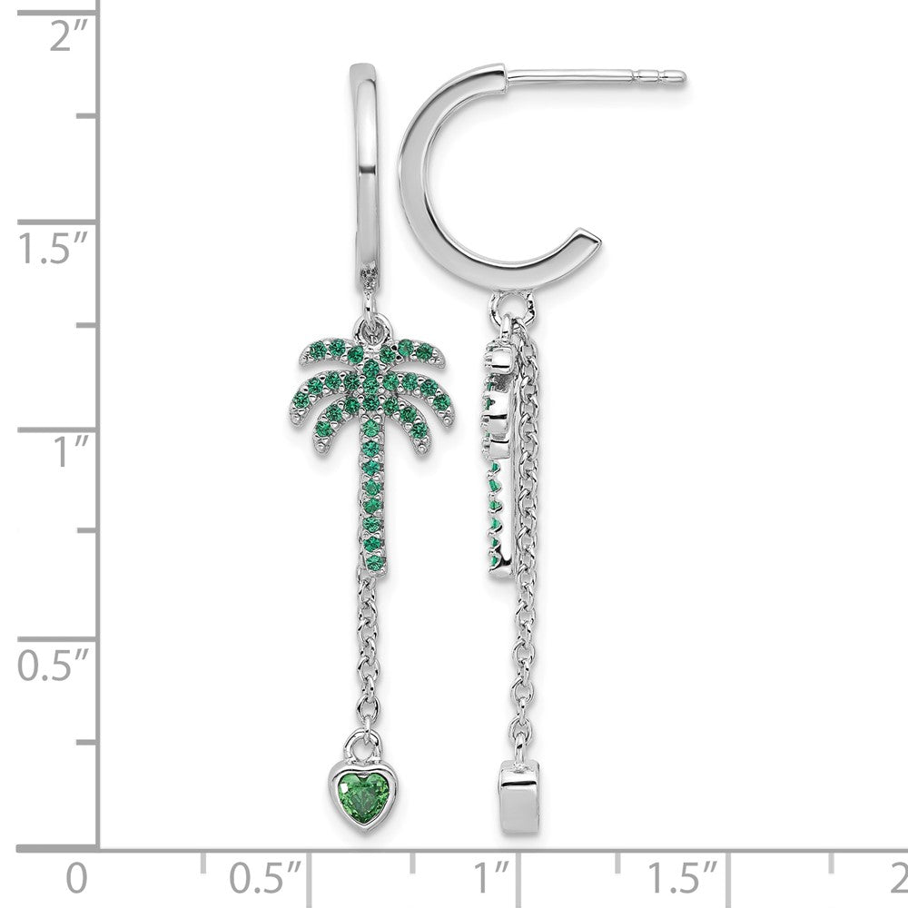 Pure Fire Sterling Silver Rhod-plated Green CZ Palm Tree Heart Post Hoop E