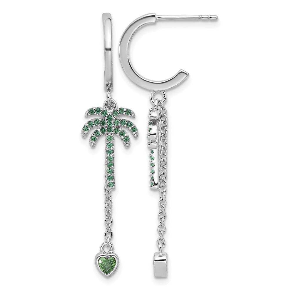 Pure Fire Sterling Silver Rhod-plated Green CZ Palm Tree Heart Post Hoop E
