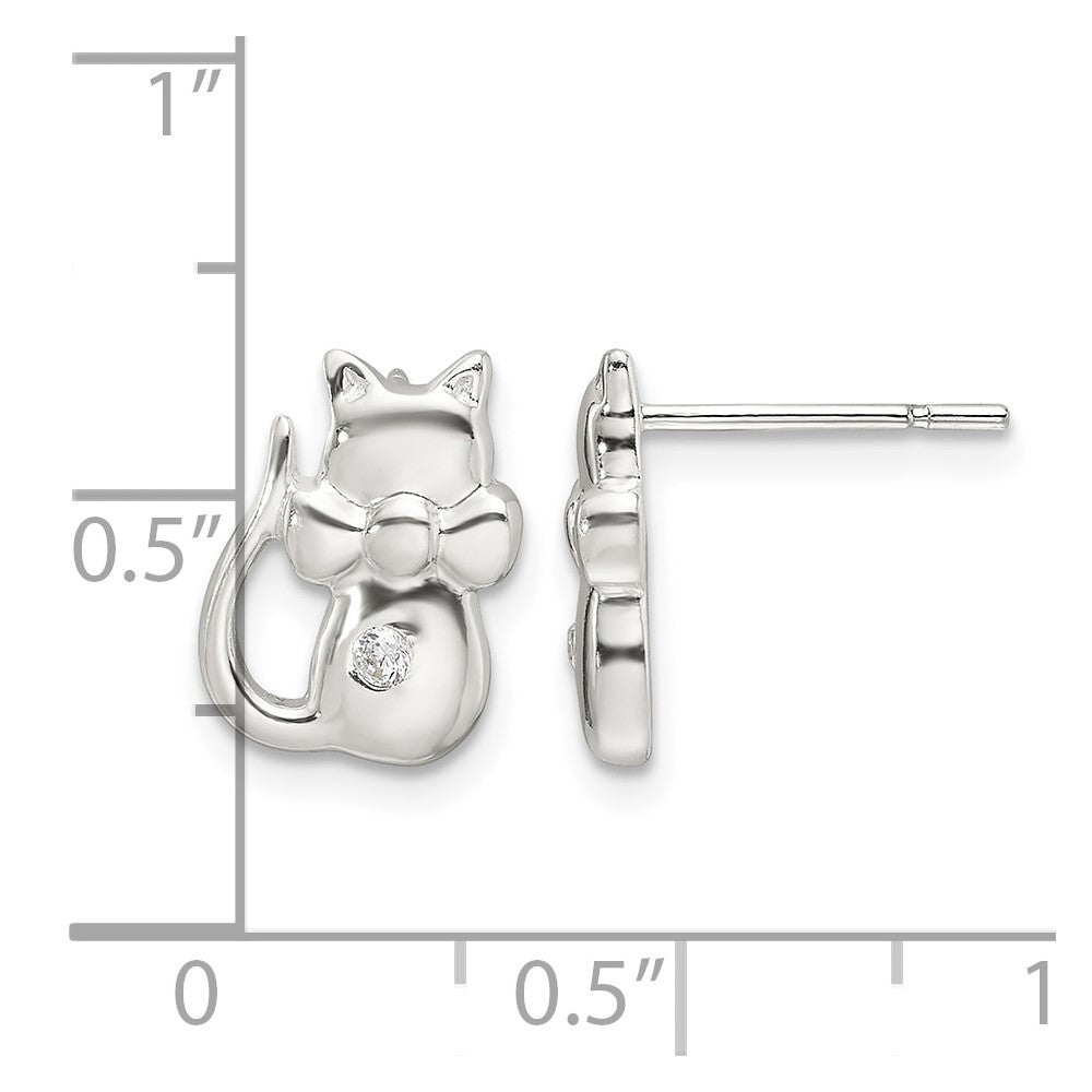 Sterling Silver Polished CZ Cat Earrings