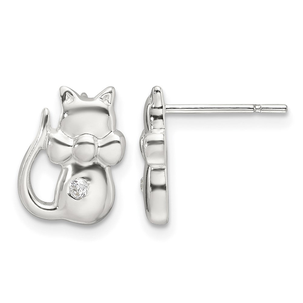 Sterling Silver Polished CZ Cat Earrings