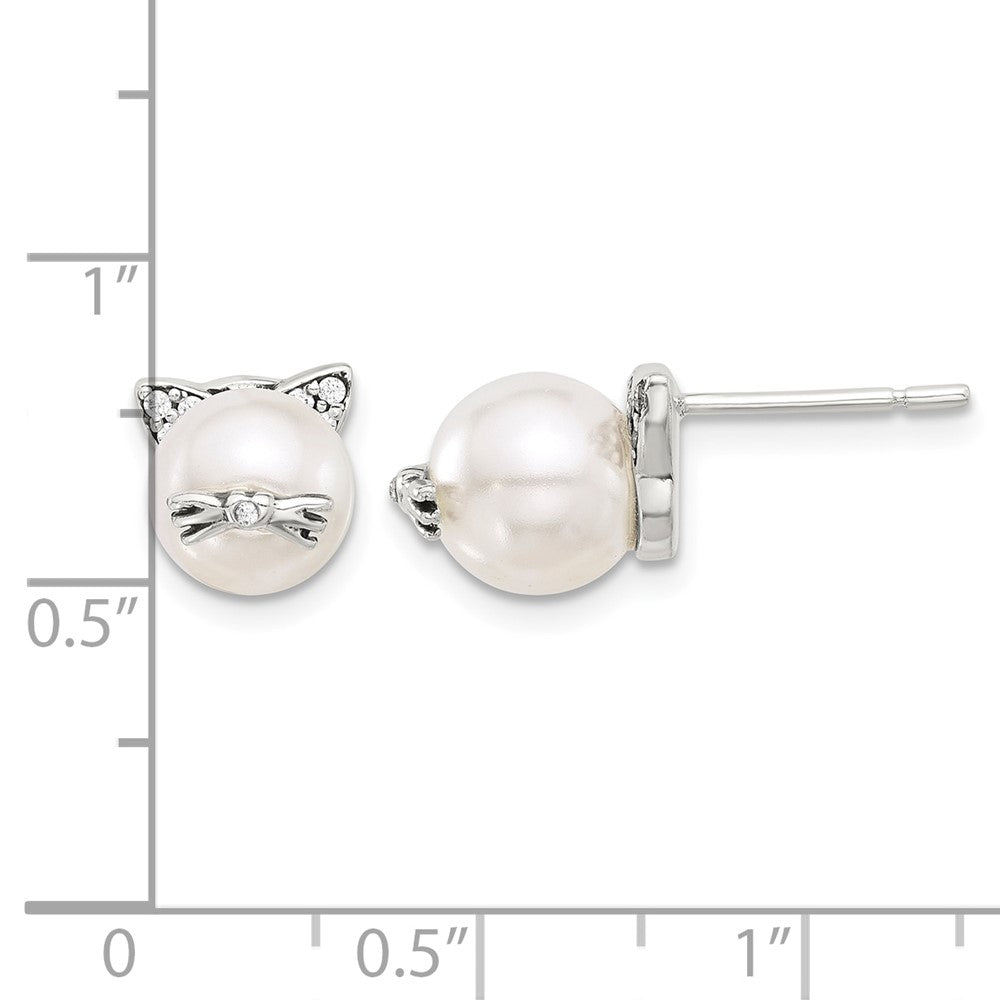 Sterling Silver Polished and Antiqued CZ and Syn. Pearl Cat Post Earrings