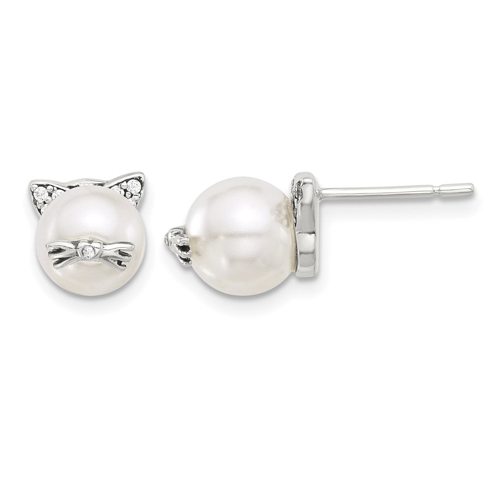Sterling Silver Polished and Antiqued CZ and Syn. Pearl Cat Post Earrings