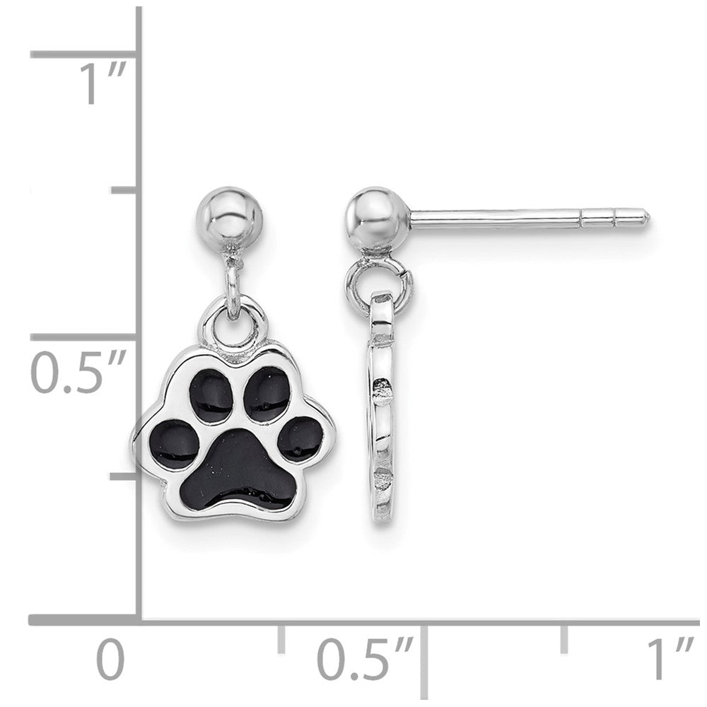 Sterling Silver Rhodium-plated Enameled Dog Paw Post Dangle Earrings