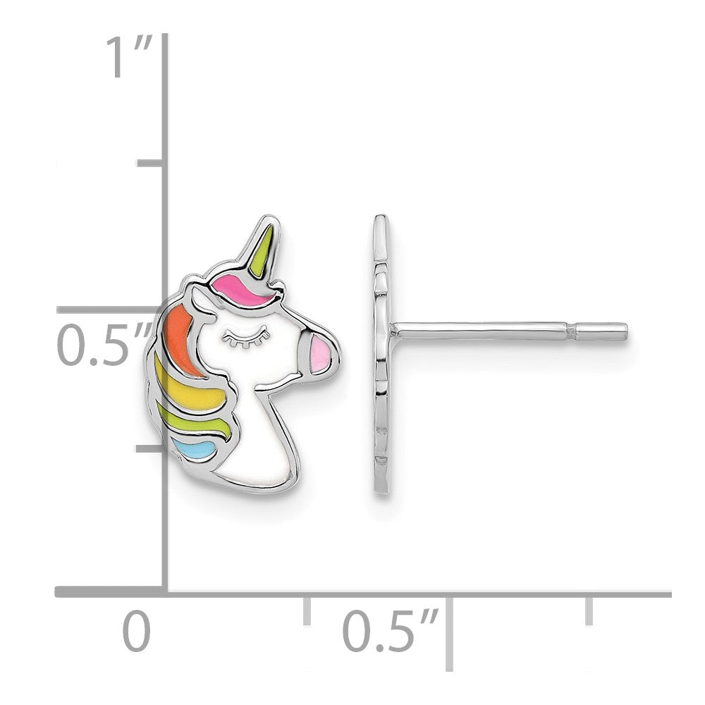 Sterling Silver Rhodium-plated Polished Enameled Unicorn Post Earrings