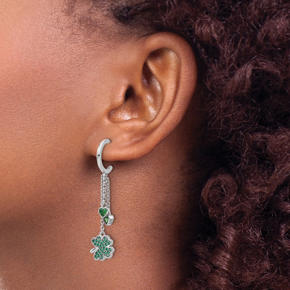 Pure Fire Sterling Silver Rhod-plated Green CZ Clover Heart Post Hoop Earri