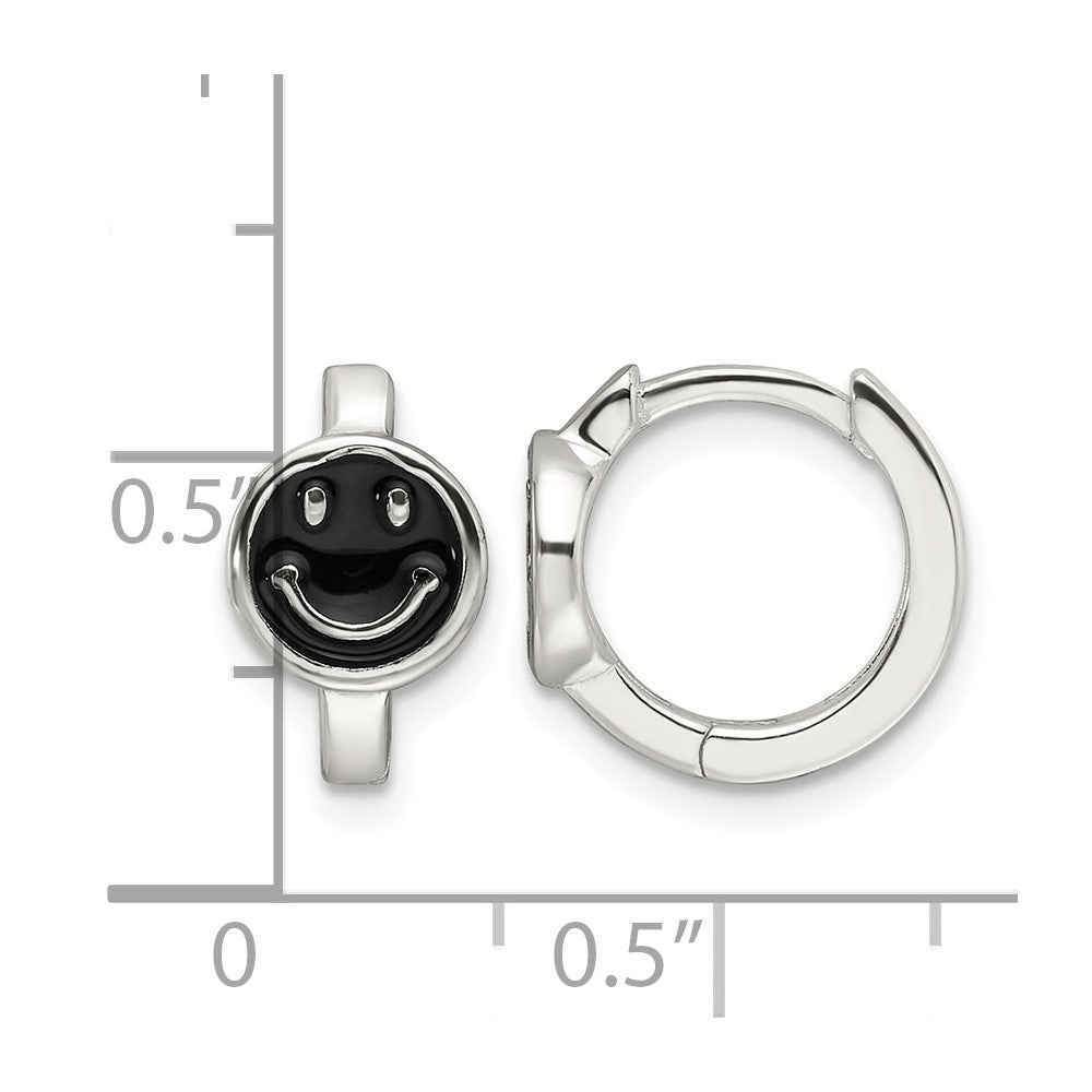 Sterling Silver E-Coating Black Enamel Smiley Face Hoop Earrings