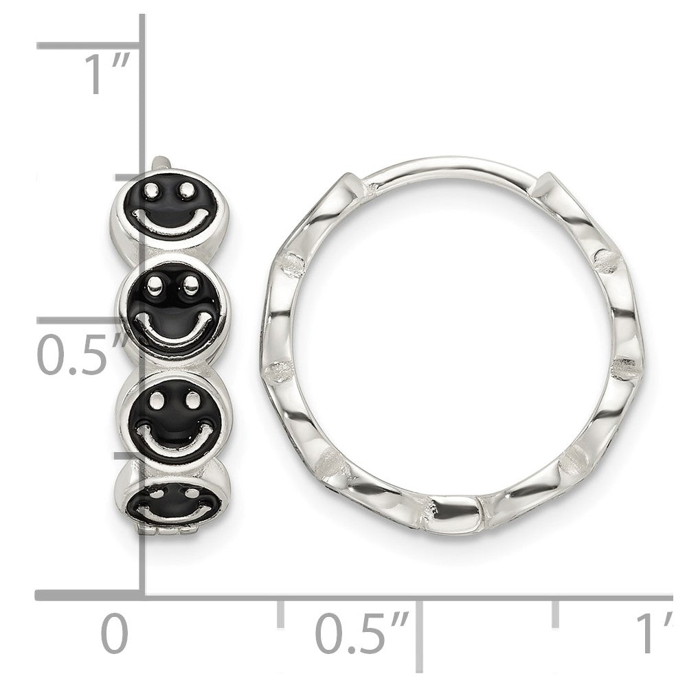 Sterling Silver E-Coat Black Enamel Smiley Face Hinged Hoop Earrings