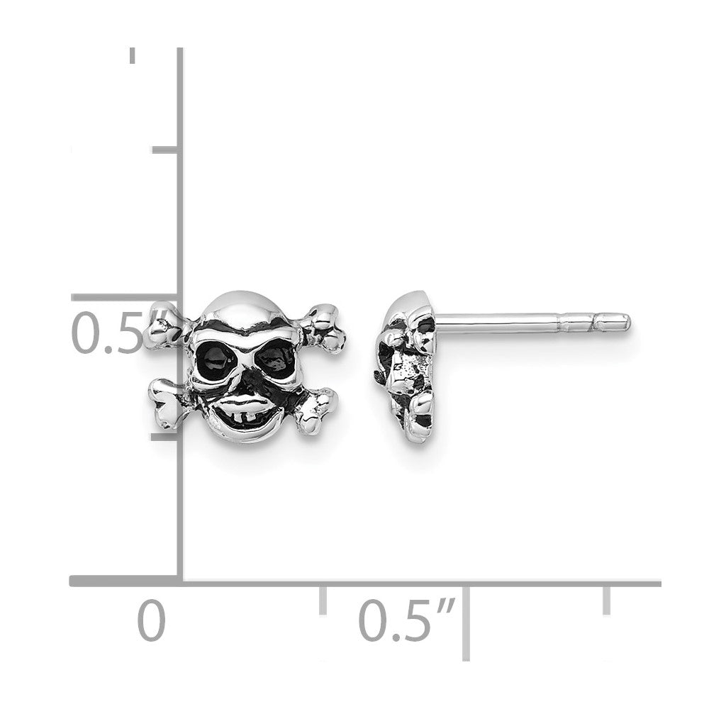 Sterling Silver Rhodium-plated Antiqued Skull and Crossbones Post Earrings