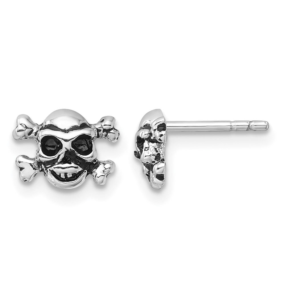 Sterling Silver Rhodium-plated Antiqued Skull and Crossbones Post Earrings