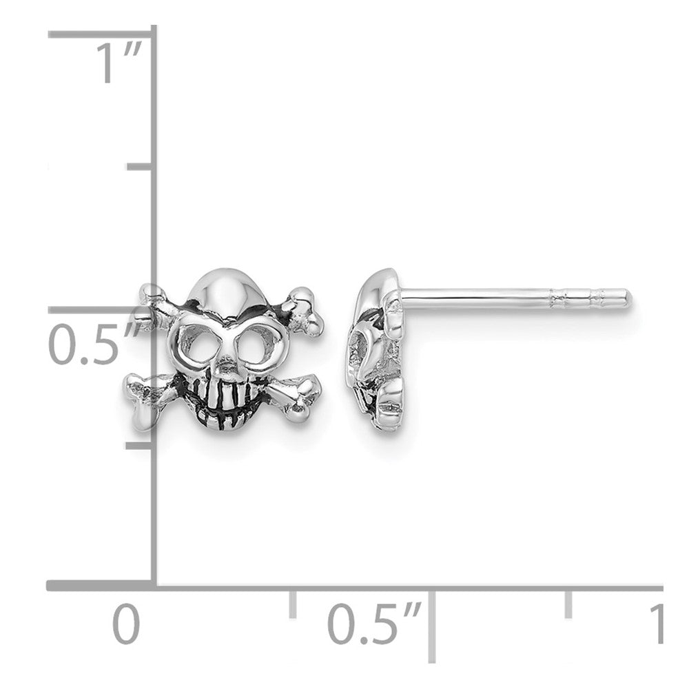 Sterling Silver Rhodium-plated Antiqued Skull and Crossbones Post Earrings