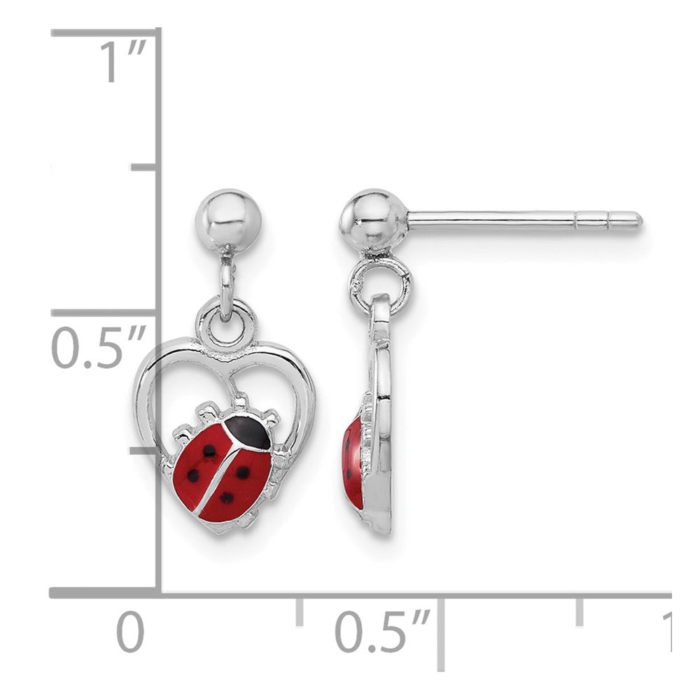 Sterling Silver Rh-plated Enameled Ladybug in Heart Post Dangle Earrings