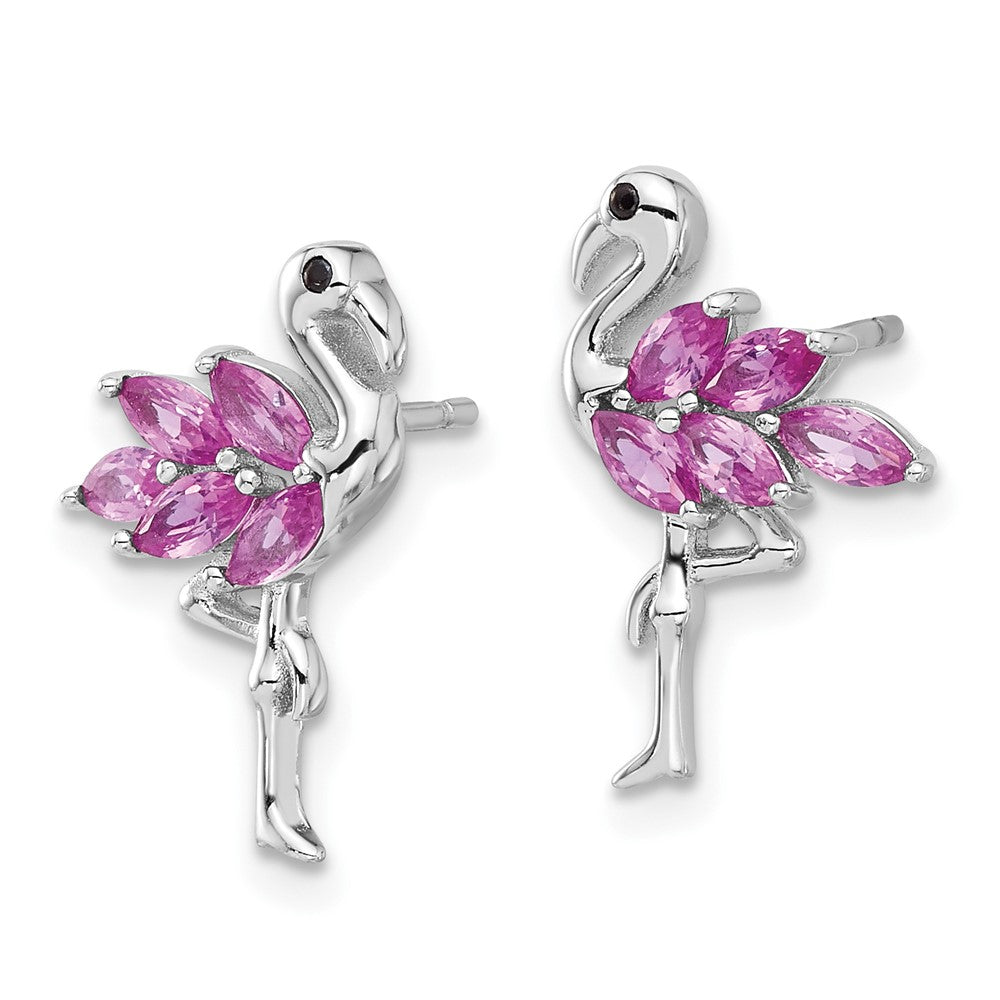 Sterling Silver Rhod-plated Pink Crystal Flamingo Post Earrings