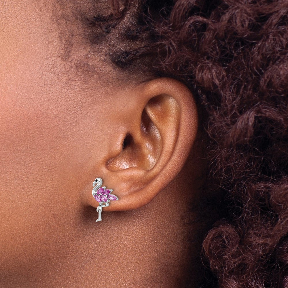 Sterling Silver Rhod-plated Pink Crystal Flamingo Post Earrings