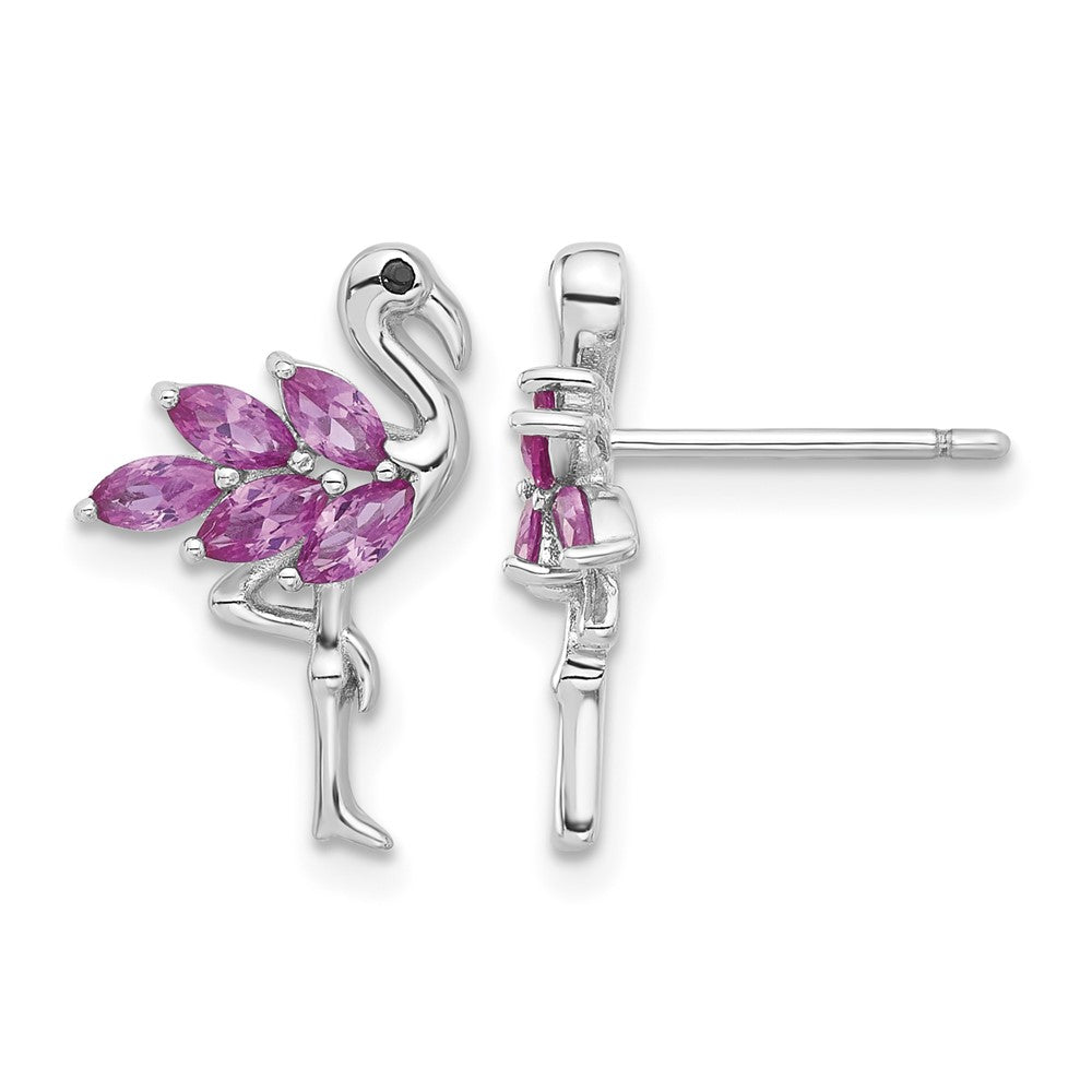 Sterling Silver Rhod-plated Pink Crystal Flamingo Post Earrings