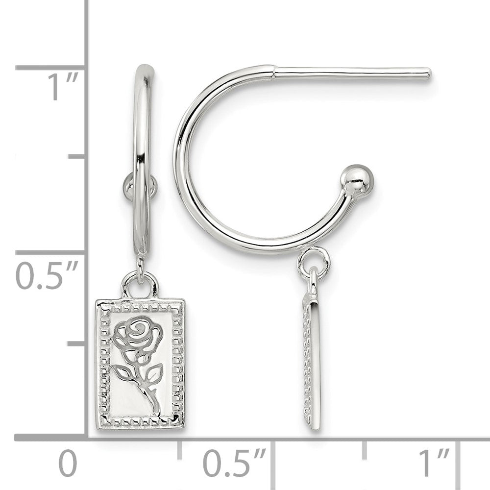 Sterling Silver E-coated Rose Dangle Post Hoop Earrings