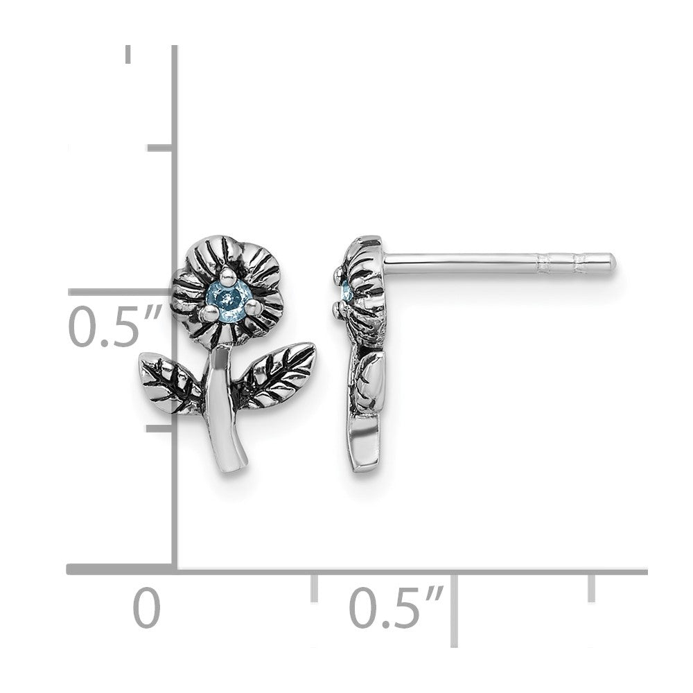 Sterling Silver Rhodium-plated Antiqued w/Blue CZ Flower Post Earrings
